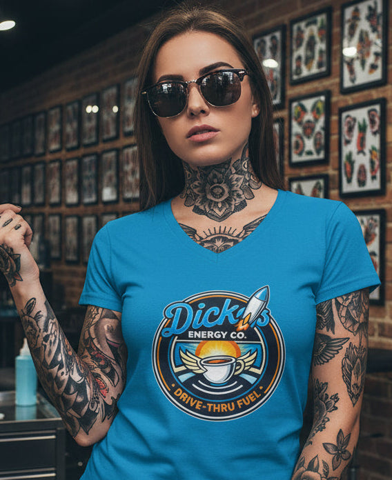 Ladies' V-Neck T-Shirt — "Dick's Energy Co. Drive-Thru Fuel" Retro Coffee Rocket Graphic Tee