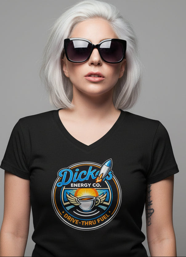 Ladies' V-Neck T-Shirt — "Dick's Energy Co. Drive-Thru Fuel" Retro Coffee Rocket Graphic Tee