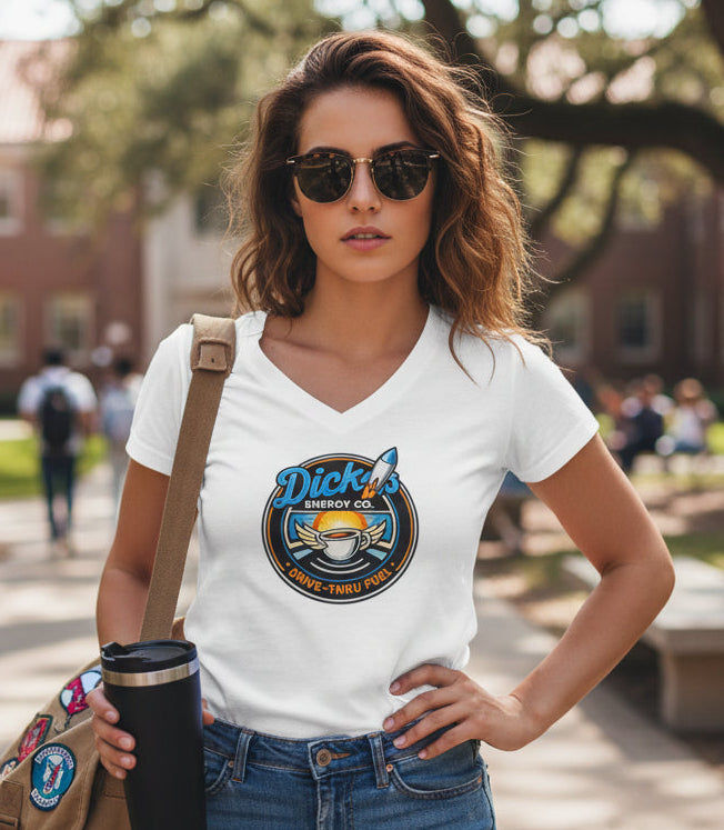 Ladies' V-Neck T-Shirt — "Dick's Energy Co. Drive-Thru Fuel" Retro Coffee Rocket Graphic Tee